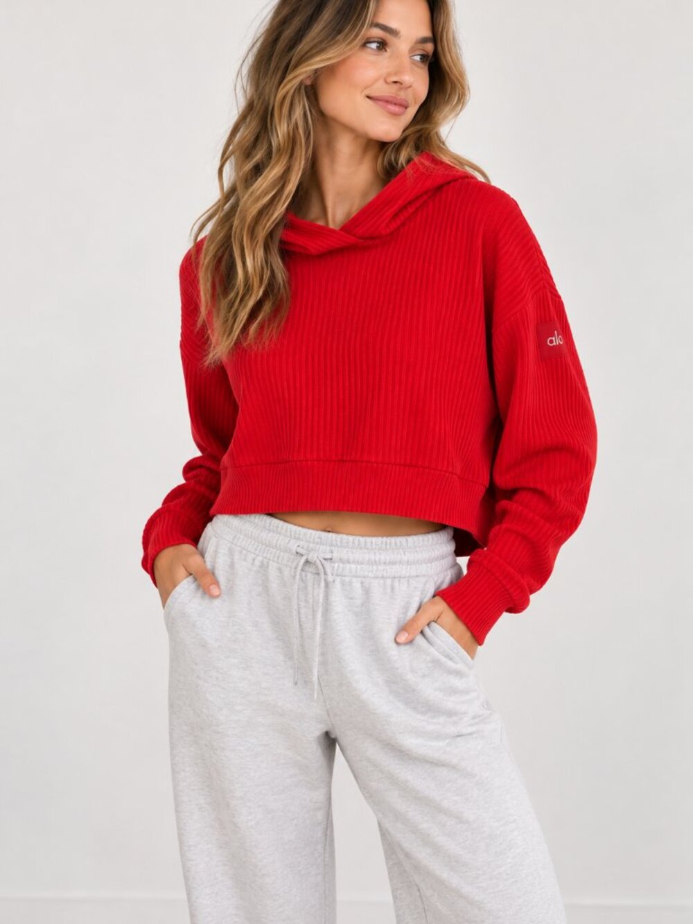 ALO Yoga Muse Hoodie Womens S Bright Red Ribbed Cropped Pullover Athleisure 1485